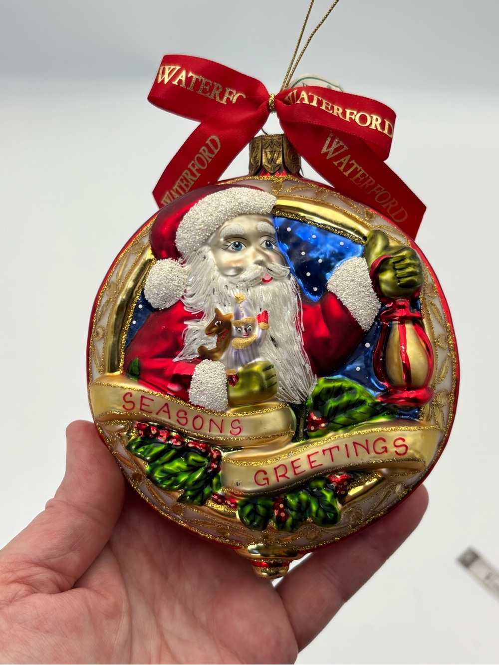 Handmade Waterford Holiday Heirlooms Santa 'Seasons Greetings' Glass Ornament
